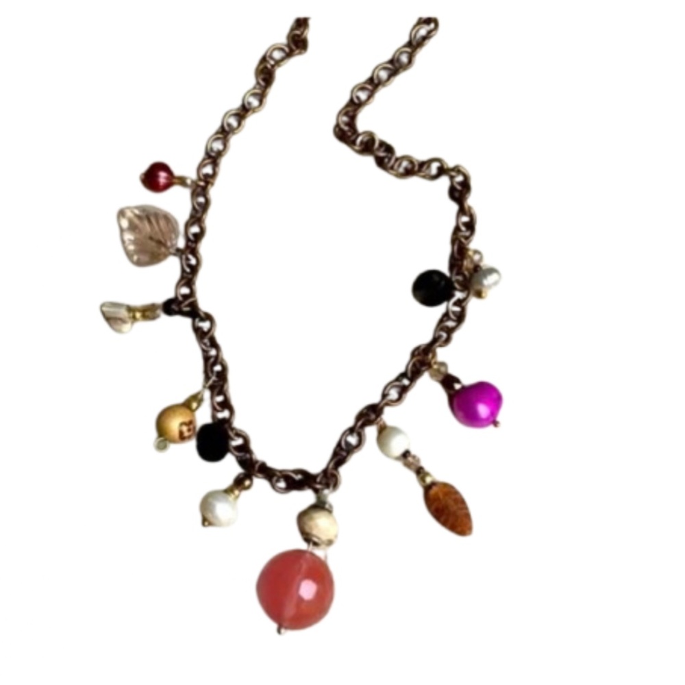 gemstone real pearls glass beads copper chain rose quartz charm